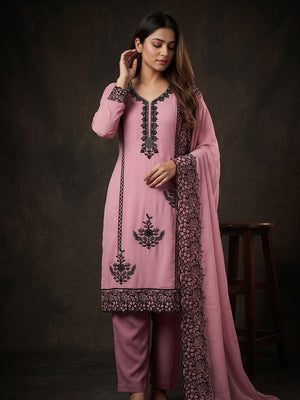 Pink Unstitched Georgette Dress Material Featuring Thread Detailing - Image 1