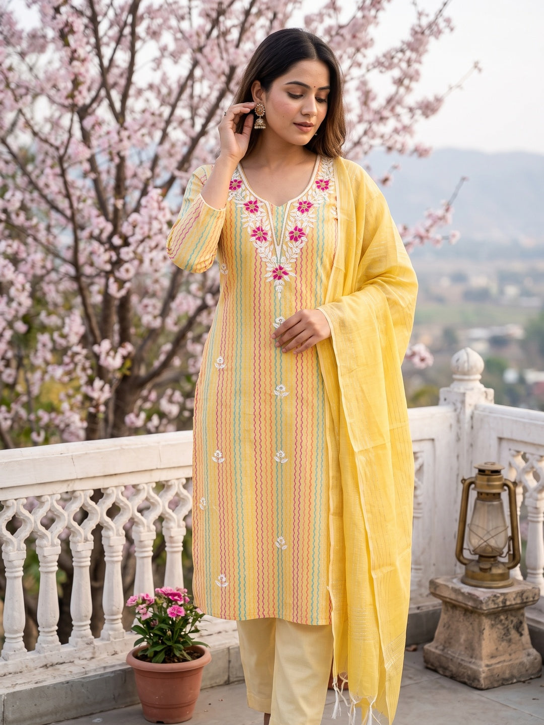 Yellow Cotton Blend Dress Material Highlighted With Floral Embroidery & Modern Stripes - Image 1