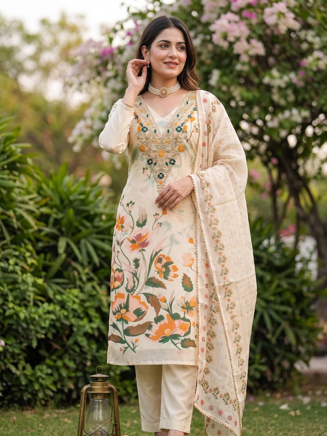 Cream Chanderi Silk Dress Material With Digital Floral Print & Cording Embroidery Work - Image 1