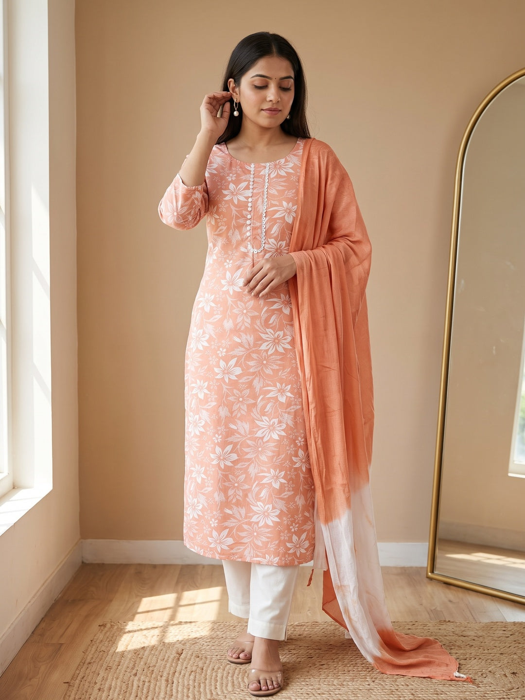 Peach Cotton Blend Dress Material Adorned With Floral Printed Work - Image 1