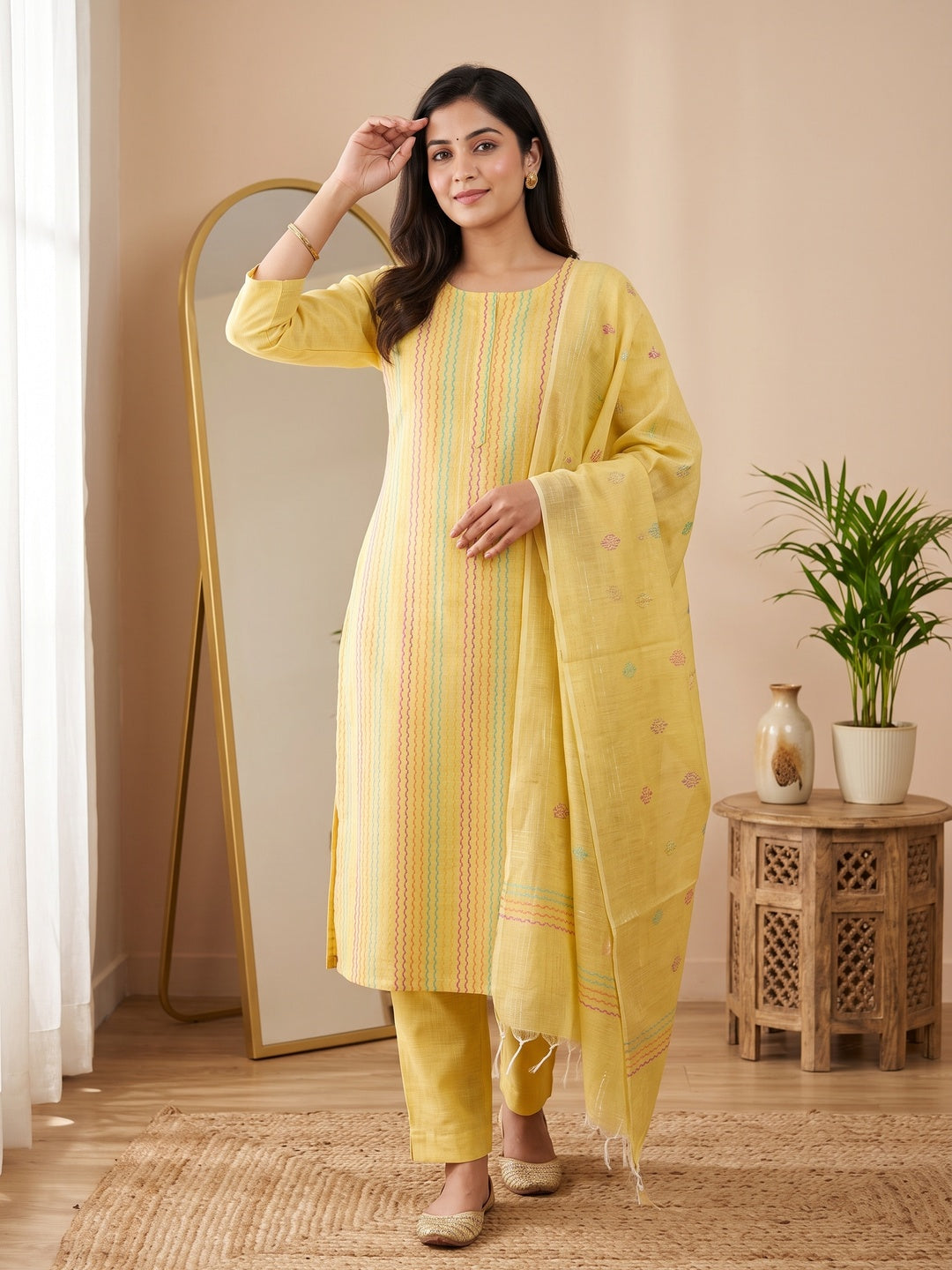 Yellow Poly Cotton Blend  Dress Material Highlighted With Striped Woven Work - Image 1