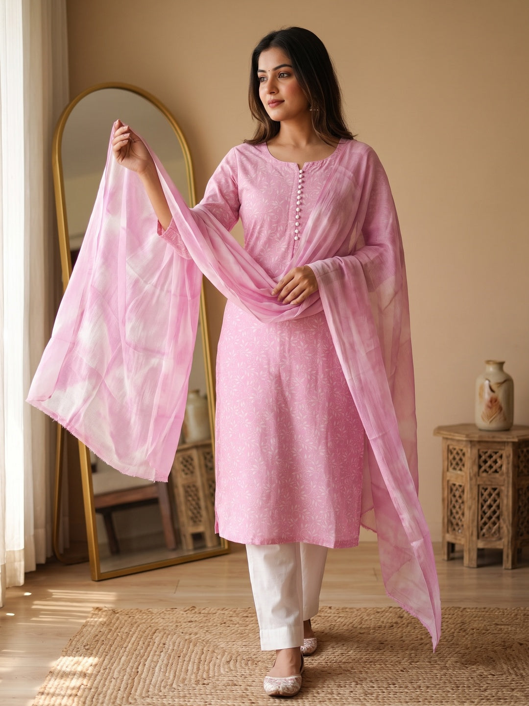 Pink Cotton Blend Dress Material Enhanced With Artistic Floral Printed Work - Image 1
