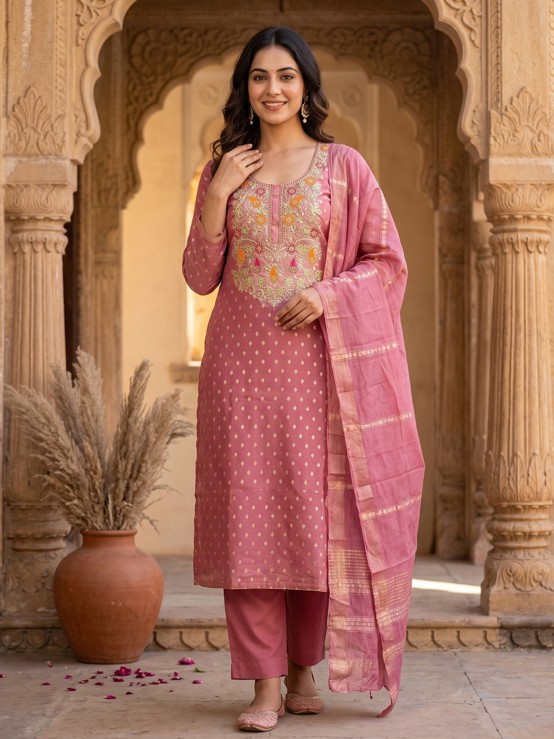 Pink Woven Shimmer Dress Material Featuring Sequins Embroidery & Gota Patti Accents - Image 1