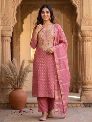 Pink Woven Shimmer Dress Material Featuring Sequins Embroidery & Gota Patti Accents - Image 1