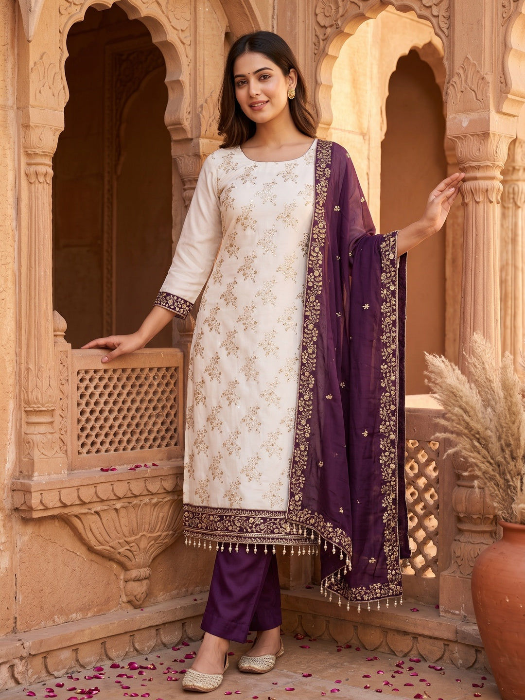 Purple and Off White Vichitra Silk Fabric with Embroidered Detailing - Image 1