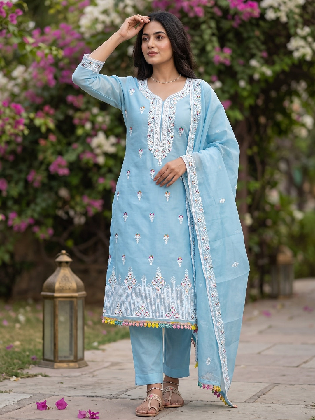 Blue Floral Embroidered Chanderi Dress Material - Image 1