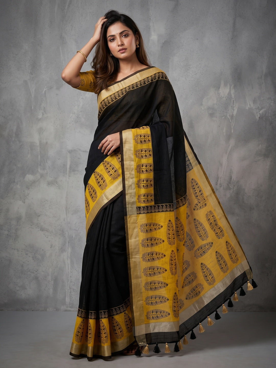 Black & Yellow Floral Printed Linen Cotton Saree - Image 1