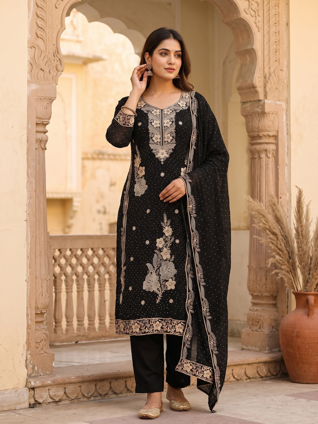 Black Georgette Dress Material With Luxurious Floral Zari Embroidery & Stonework - Image 1