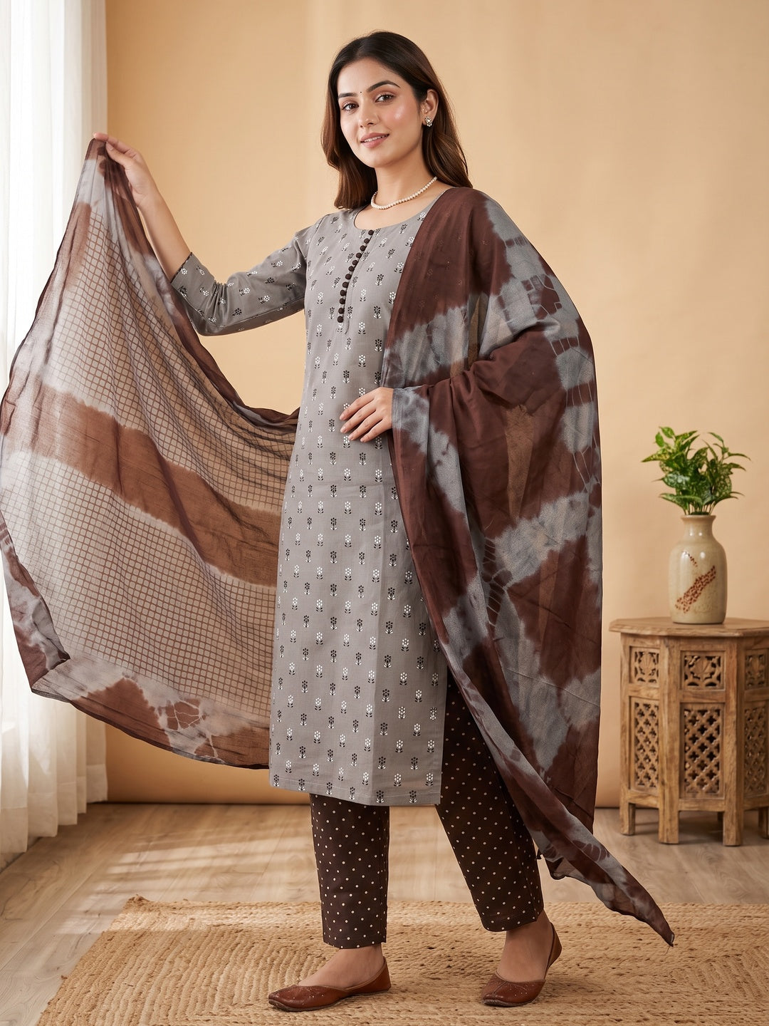 Elegant Light Grey Floral Printed Cotton Blend Dress Material - Image 2