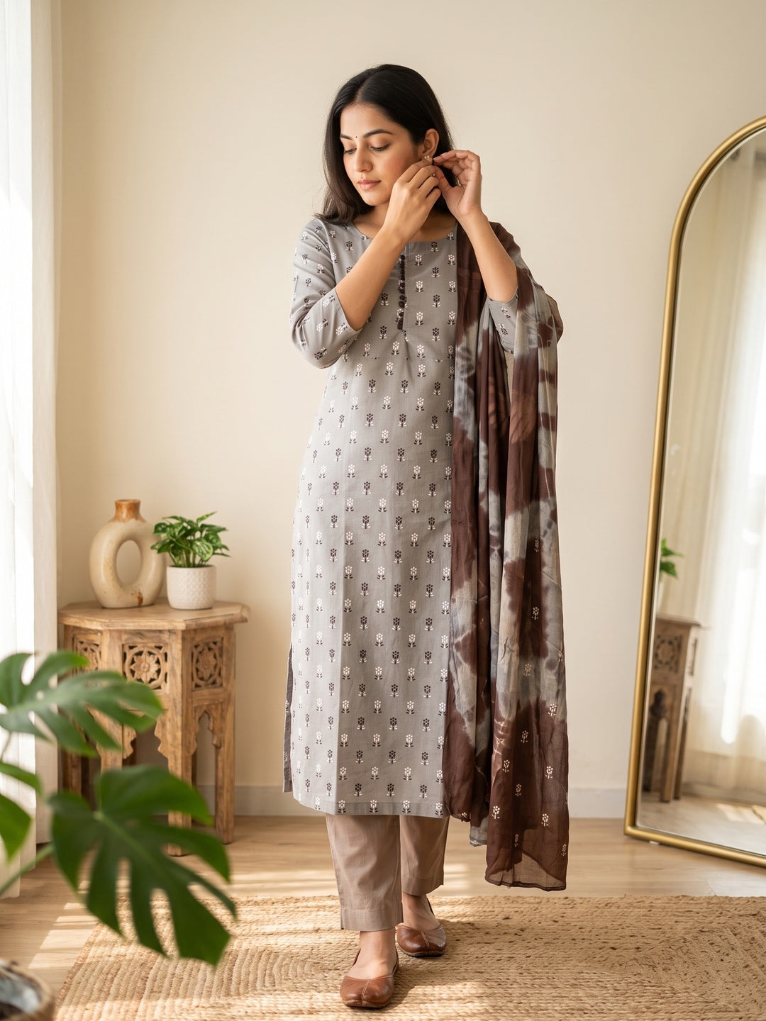 Elegant Light Grey Floral Printed Cotton Blend Dress Material - Image 3