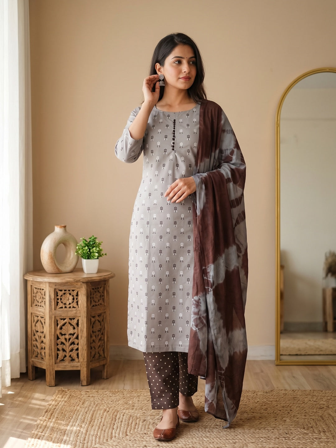 Elegant Light Grey Floral Printed Cotton Blend Dress Material - Image 1