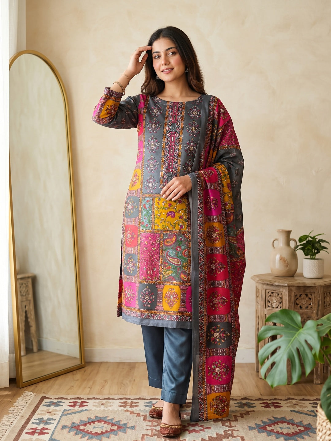 Grey Pakistani Dress Material Featuring Soft Chinon Fabric and Timeless Floral Prints - Image 1
