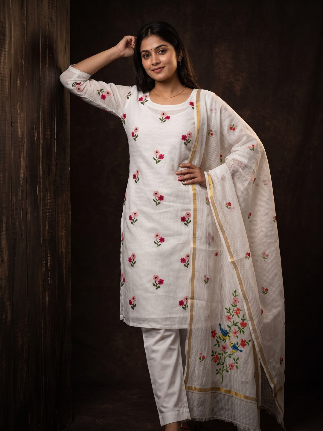 White Floral Embroidered Kota Doria Dress Material - Image 1