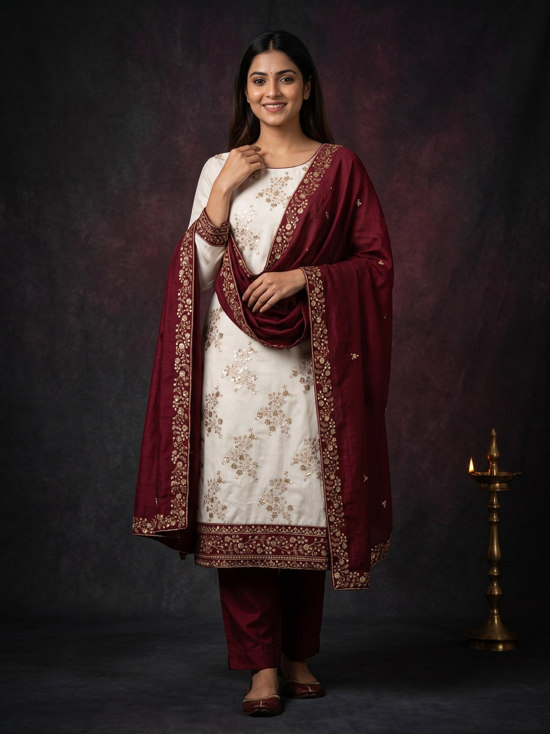 Maroon and Off White Vichitra Silk Fabric with Embroidered Detailing - Image 1