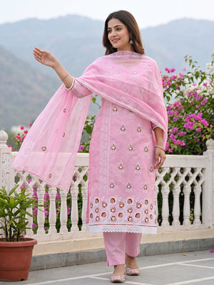 Pink Floral Embroidered Chanderi Cotton Dress Material - Image 1