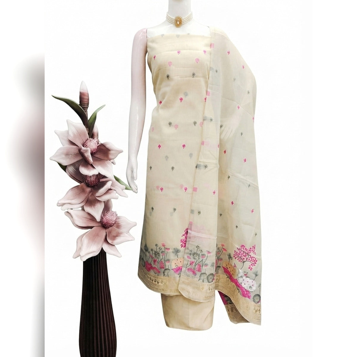 Premium Cream Chanderi Silk Weaving Dress Material With Artistic Floral & Animal Motifs - Flat lay