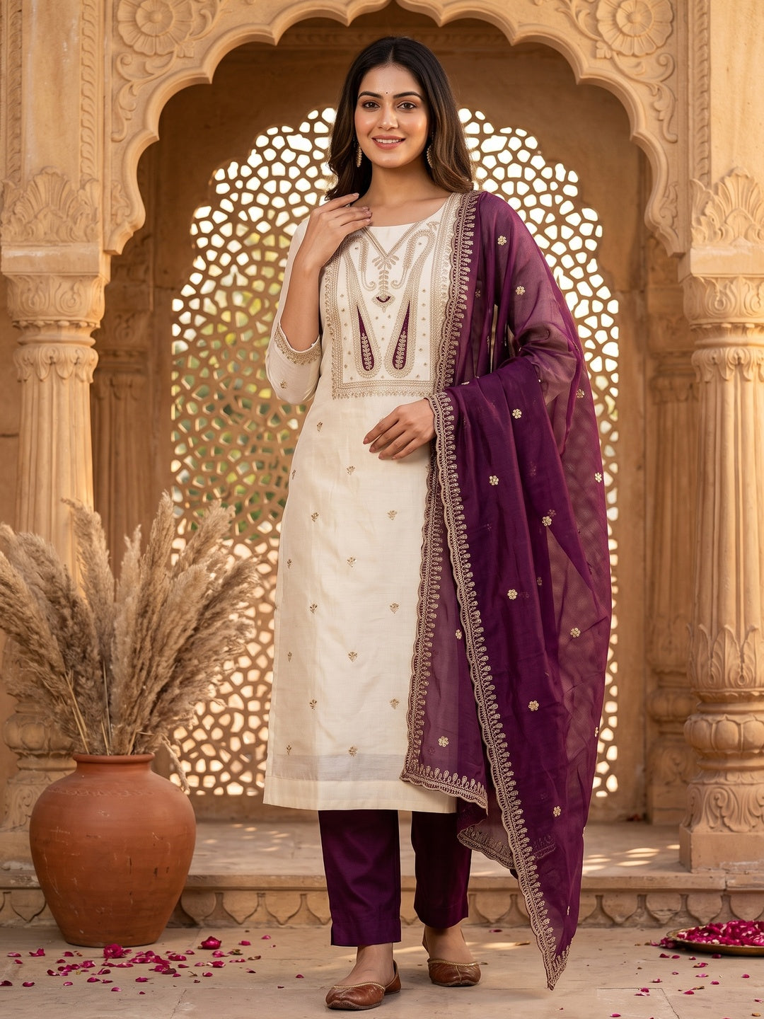 Off White Paisley Embroidered Chanderi Dress Material - Image 1