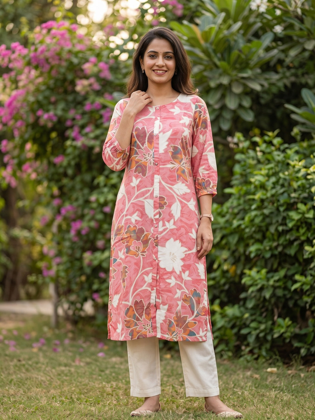Pink Floral Printed Rayon Kurti with Subtle Foil Detailing and A-Line Fit - Image 1