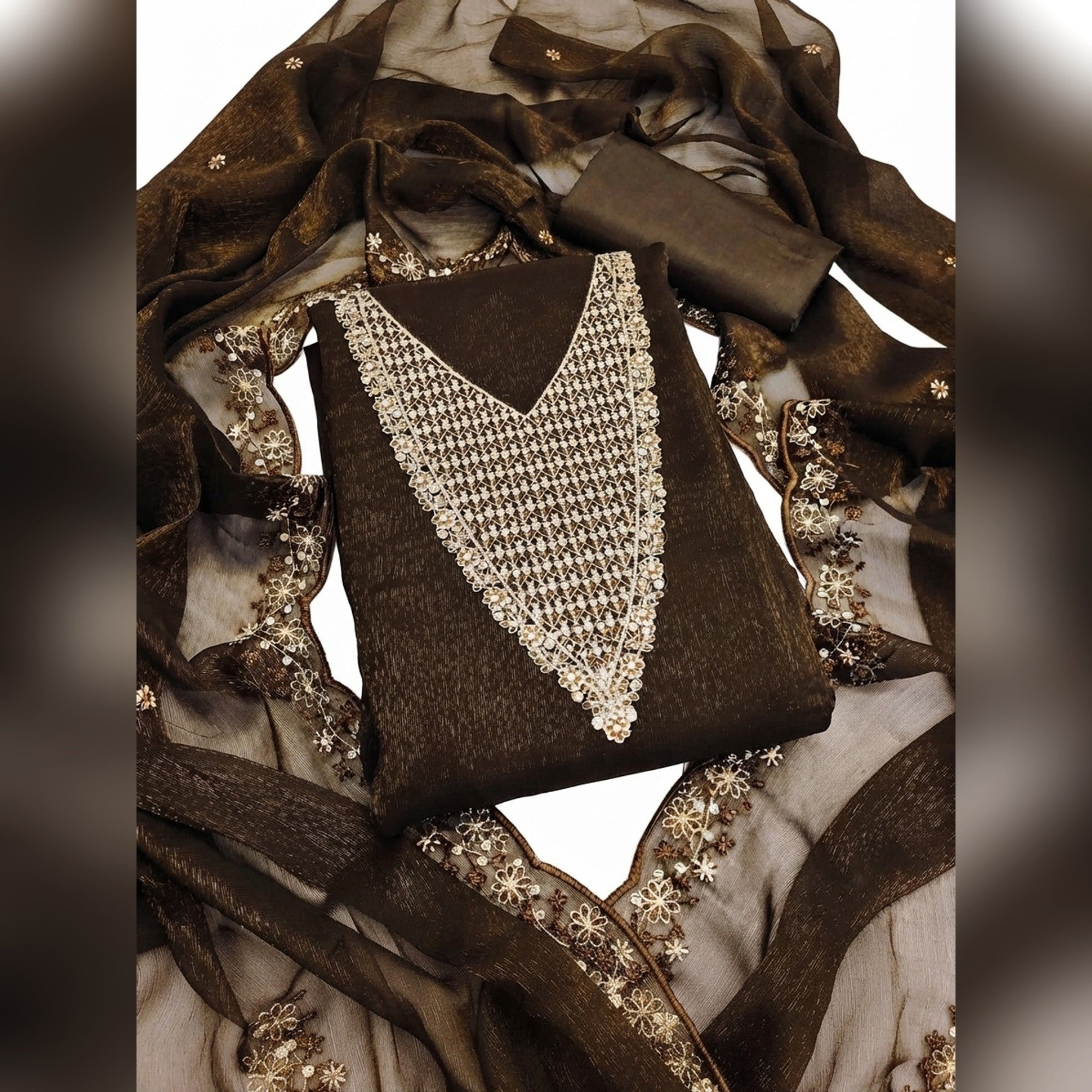 Deep Brown Party Wear Shimmer Dress Material with Floral Embellishment - Flat lay