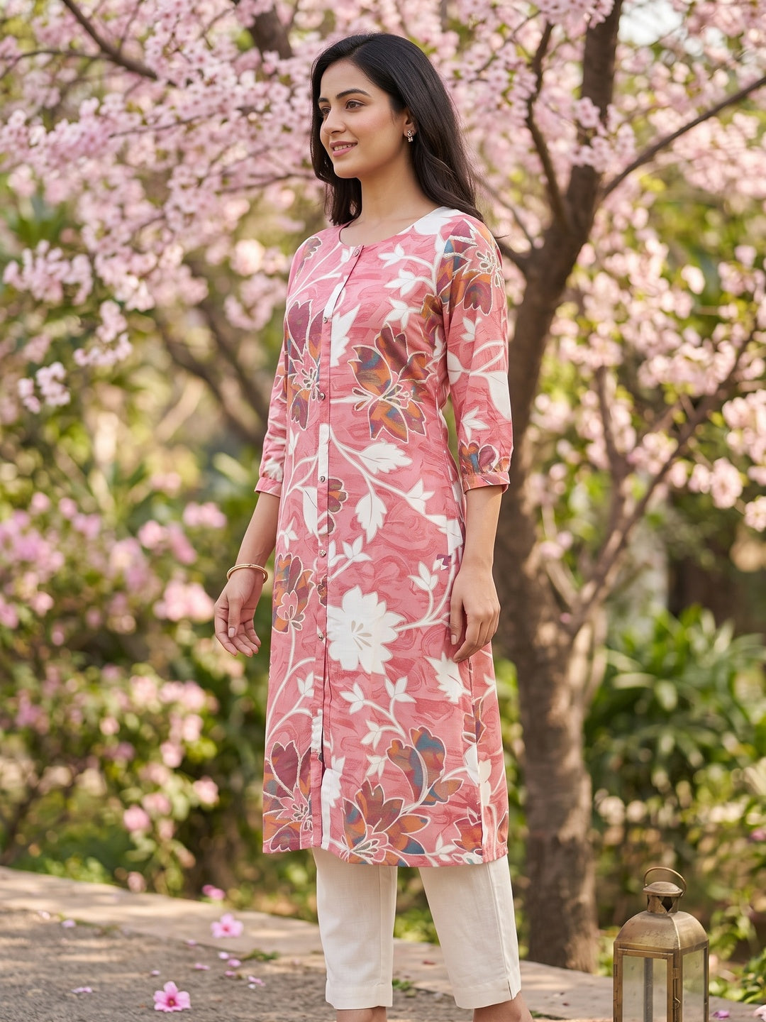 Pink Floral Printed Rayon Kurti with Subtle Foil Detailing and A-Line Fit - Image 2