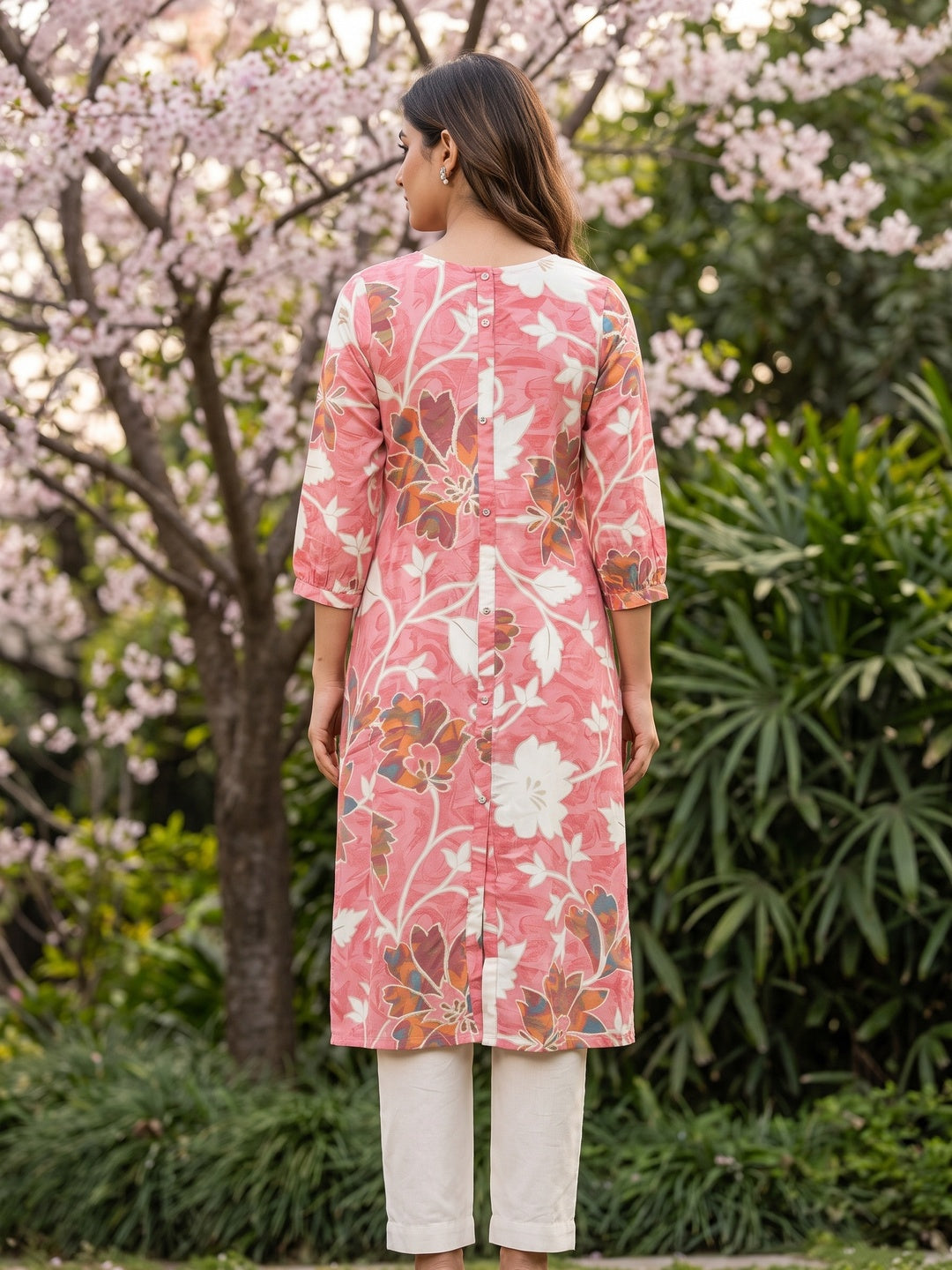Pink Floral Printed Rayon Kurti with Subtle Foil Detailing and A-Line Fit - Image 4