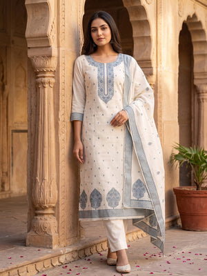 Off White Woven Pure Cotton Dress Material - Image 1