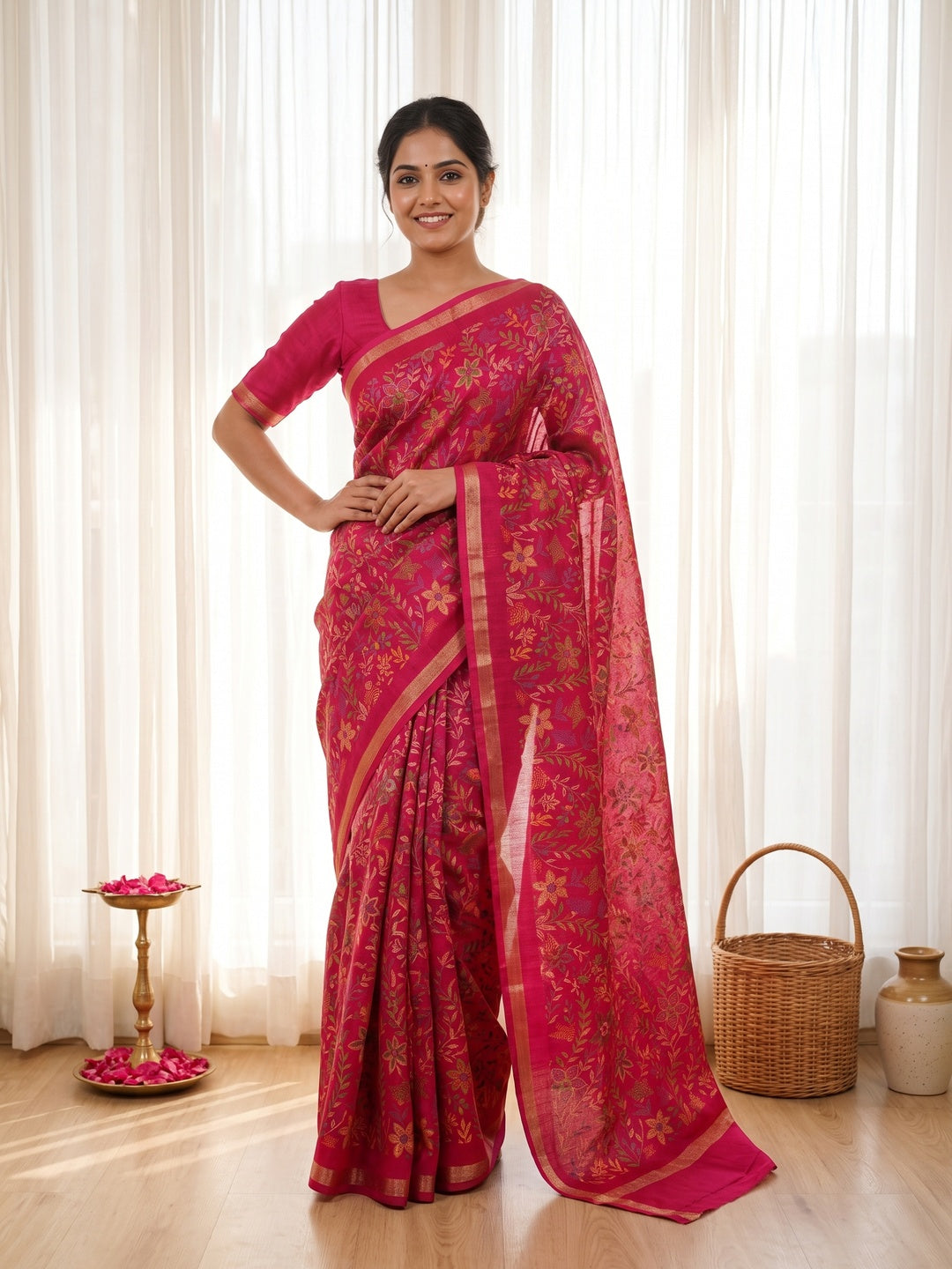Magenta Kashmiri Inspired Floral Printed Tussar Silk Saree for Ethnic Occasions - Image 2