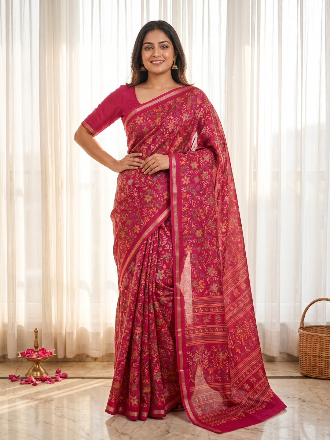Magenta Kashmiri Inspired Floral Printed Tussar Silk Saree for Ethnic Occasions - Image 1
