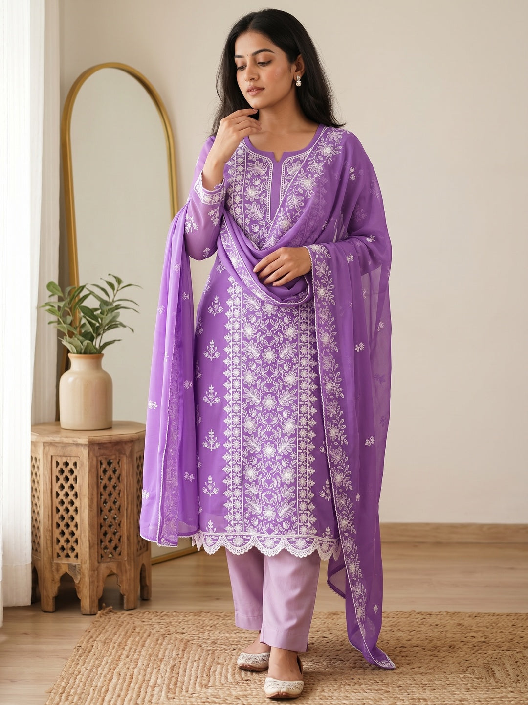 Lavender Floral Embroidered Georgette Dress Material - Image 1