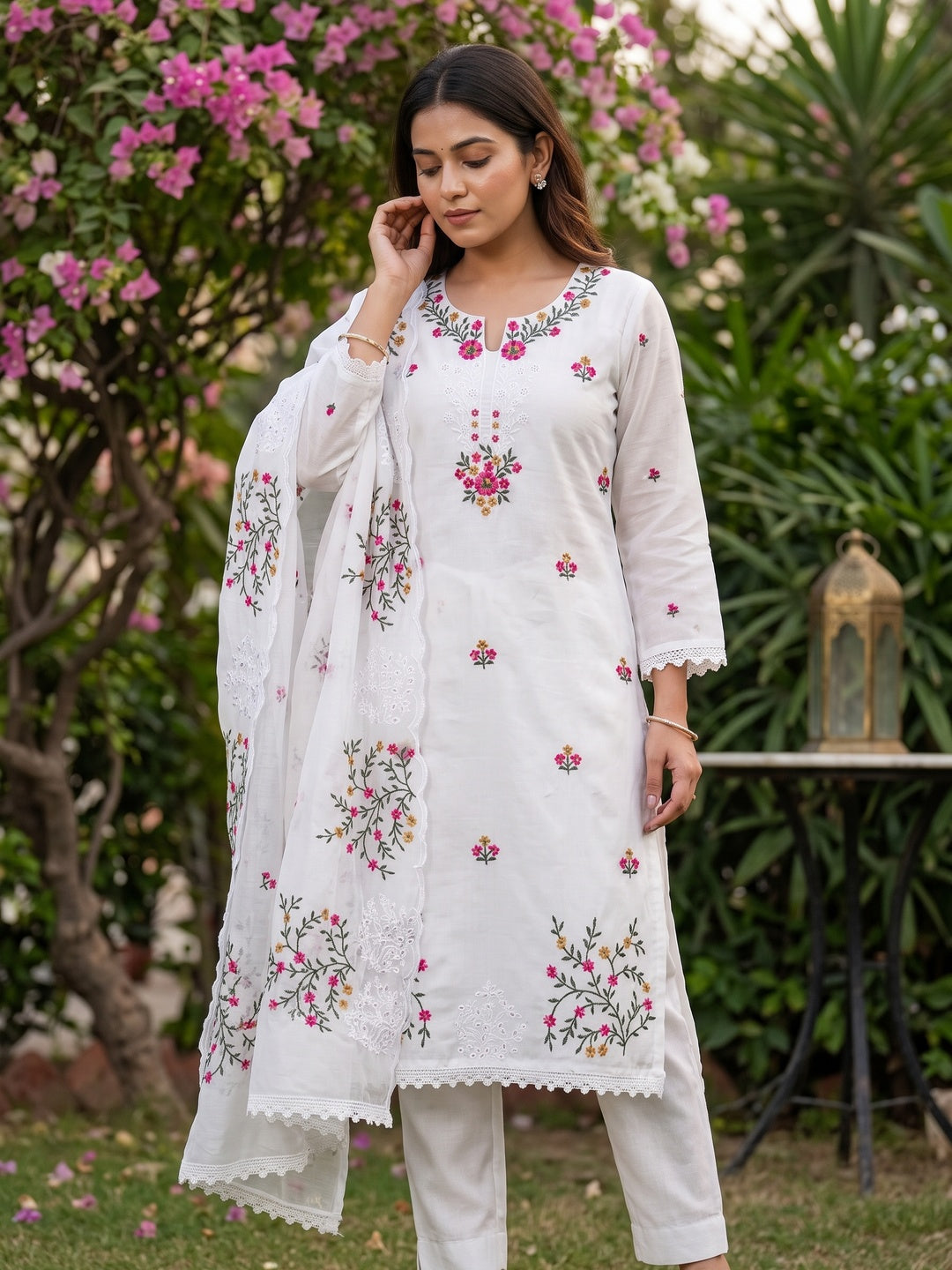 The Perfect Blend of Grace White Floral Sequins Embroidered Chanderi Dress Material - Image 1