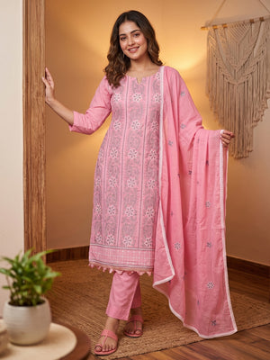 Pink Cotton Blend Dress Material With Intricate Floral Thread Embroidery Work - Image 1