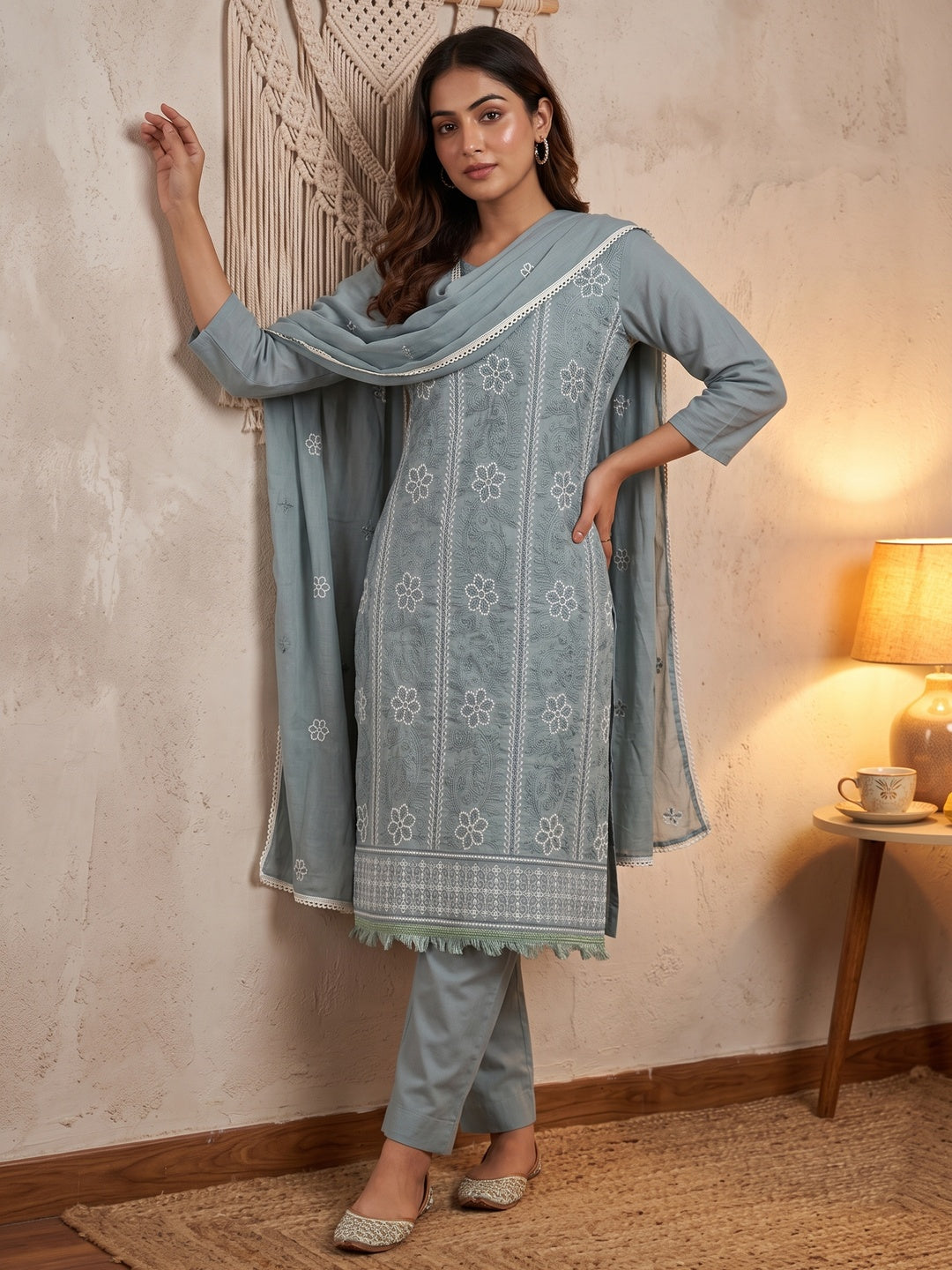 Grey Cotton Blend Dress Material With Intricate Floral Thread Embroidery Work - Image 1