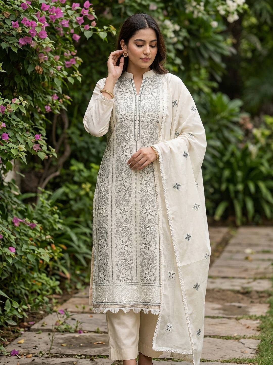 Cream Cotton Blend Dress Material With Intricate Floral Thread Embroidery Work - Image 1
