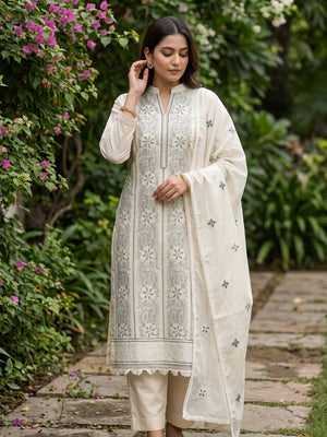 Cream Cotton Blend Dress Material With Intricate Floral Thread Embroidery Work - Image 1