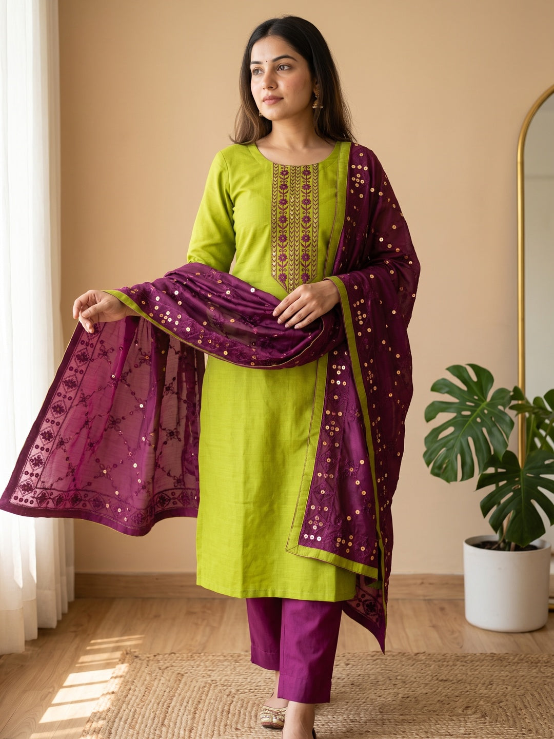 Elegant Green Cotton Blend Dress Material Adorned With Floral Embroidery & Delicate Sequins Work - Image 1