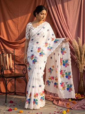 White Linen Saree Featuring Floral Digital Print With Zari Outline & Cutwork Border - Image 1
