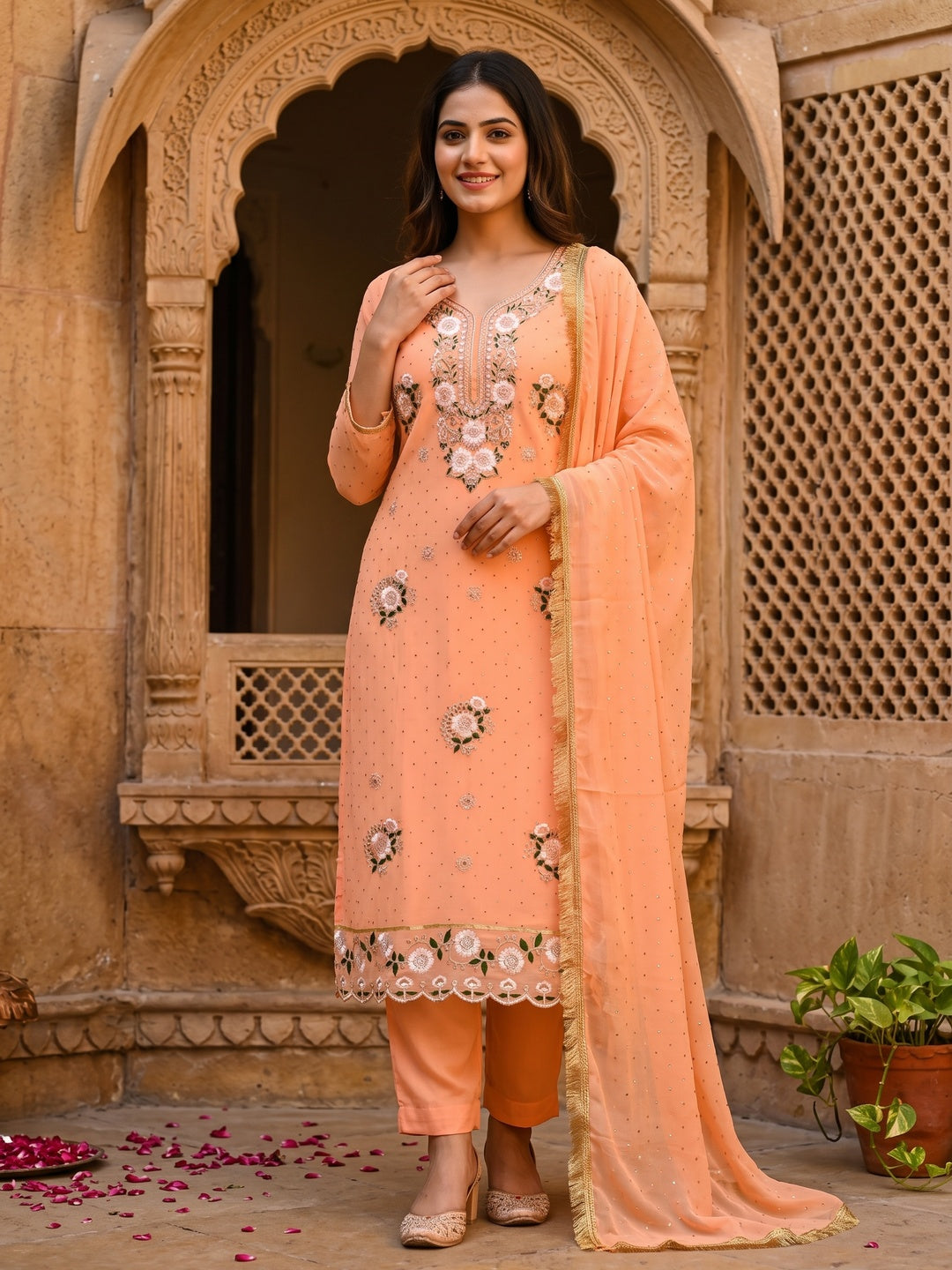 Orange Georgette Dress Material With Exquisite Floral Embroidery & Shimmering Stonework - Image 1