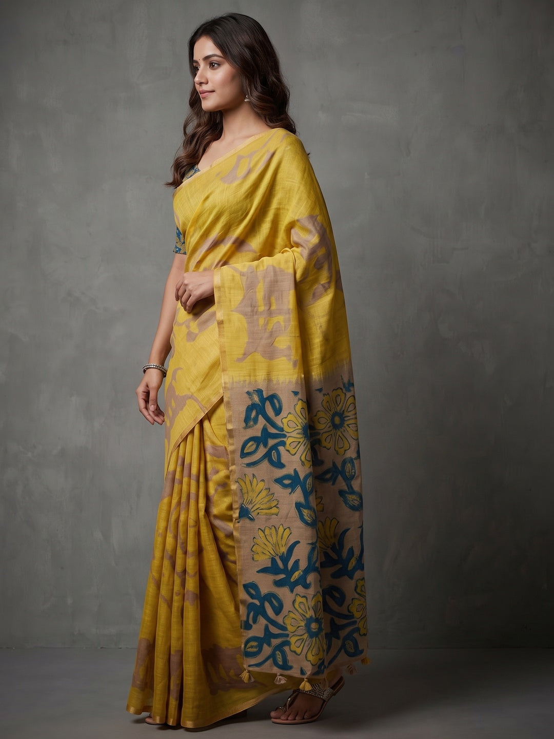 Elegant Yellow Abstract Print Linen Saree with Floral Blouse - Image 4