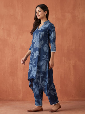 Navy Blue Floral Printed Pure Cotton A-Line Kurti Style Top and Bottom Set - Image 2