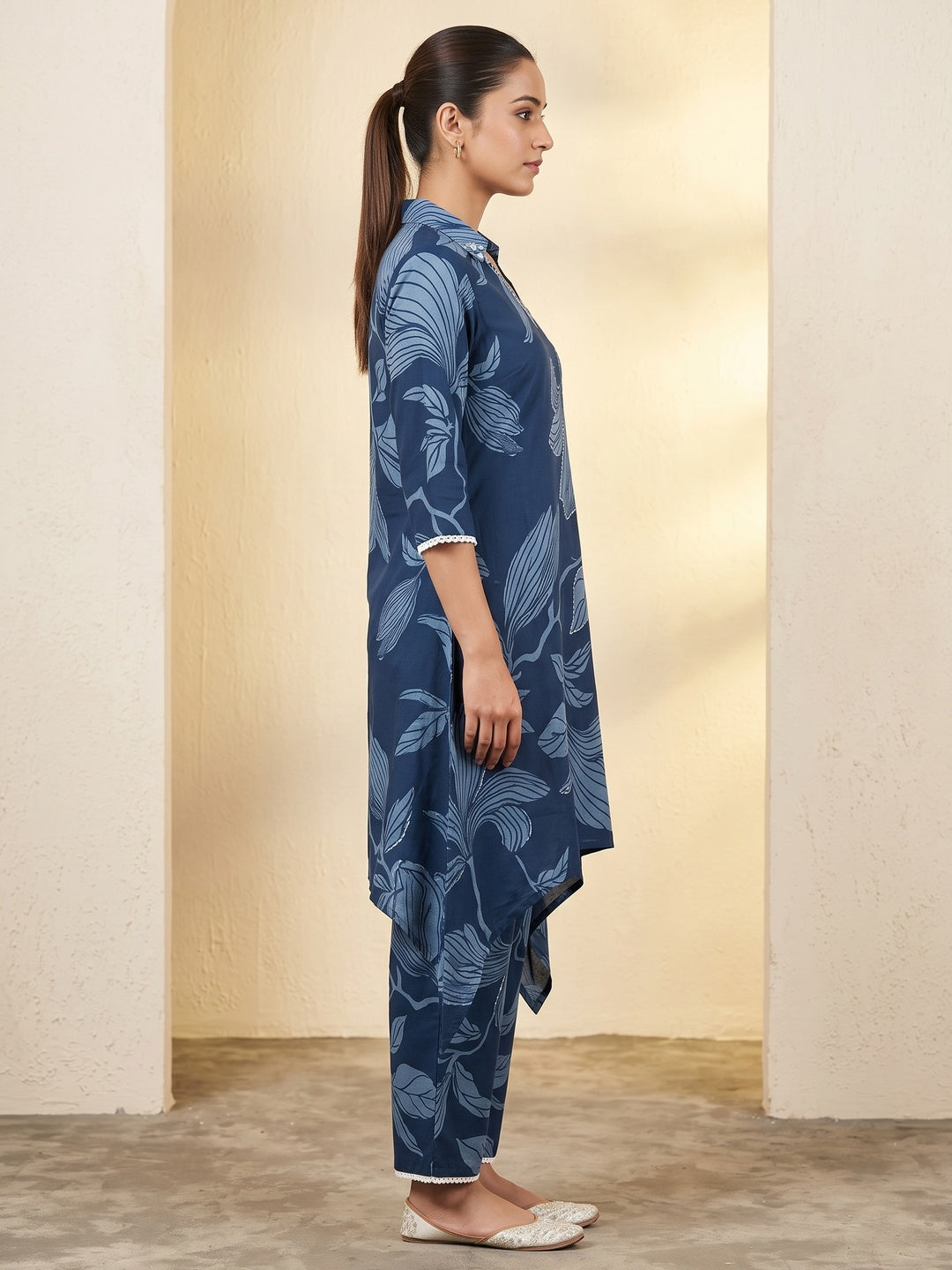 Navy Blue Floral Printed Pure Cotton A-Line Kurti Style Top and Bottom Set - Image 3