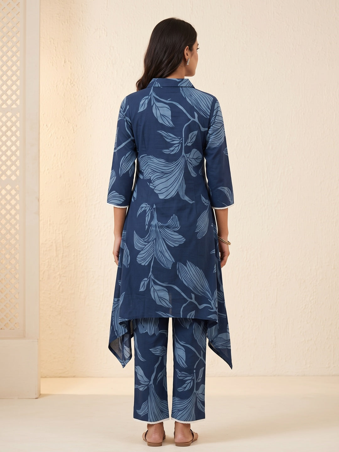 Navy Blue Floral Printed Pure Cotton A-Line Kurti Style Top and Bottom Set - Image 4