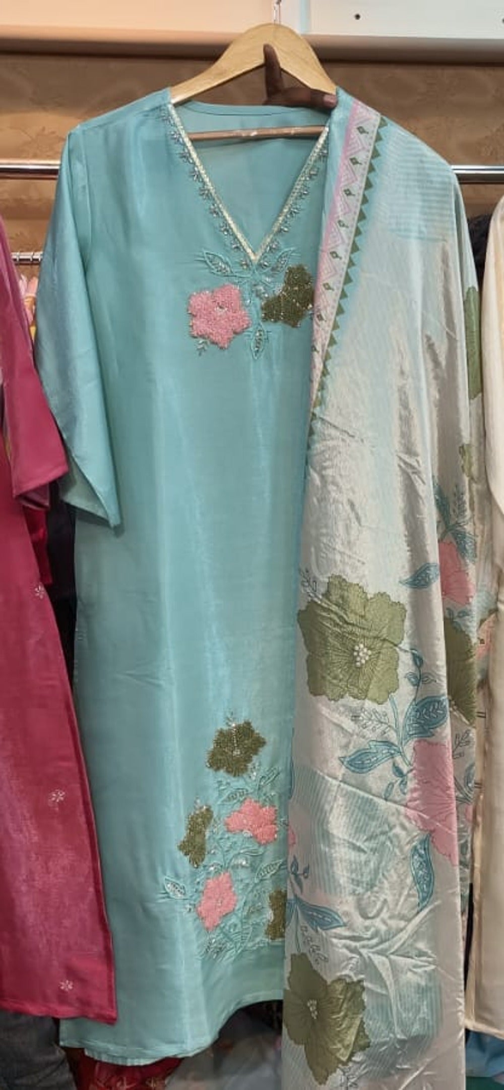 Peachmode Mint Chanderi Silk Embroidered Salwar Suit - Image 1