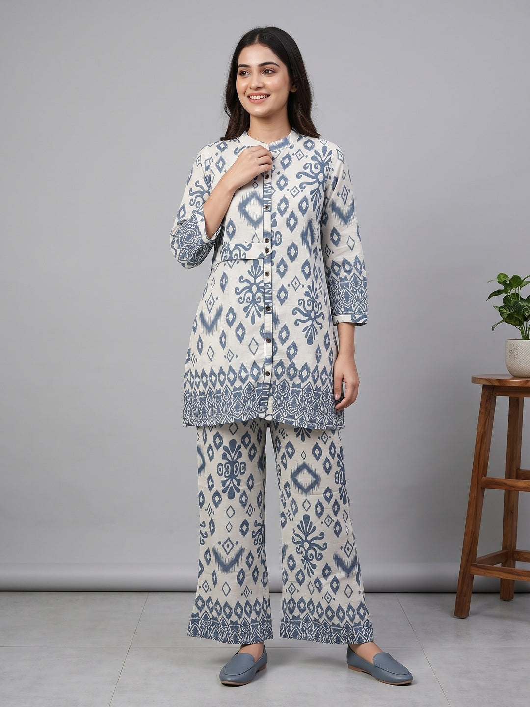 Grey Viscose Co-Ord Set Featuring Traditional Ikkat Style Prints with Matching Pant - Image 1