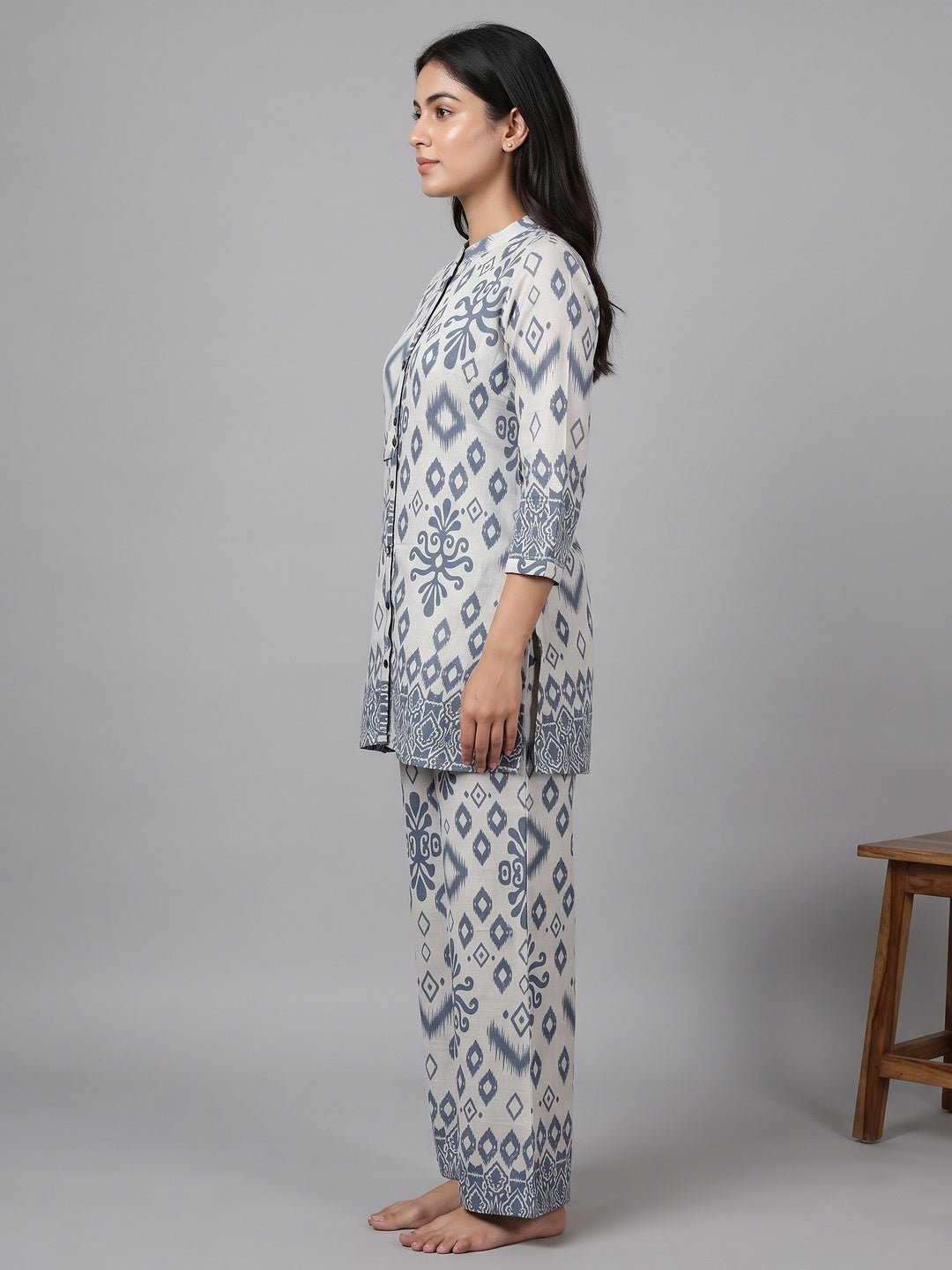 Grey Viscose Co-Ord Set Featuring Traditional Ikkat Style Prints with Matching Pant - Image 3