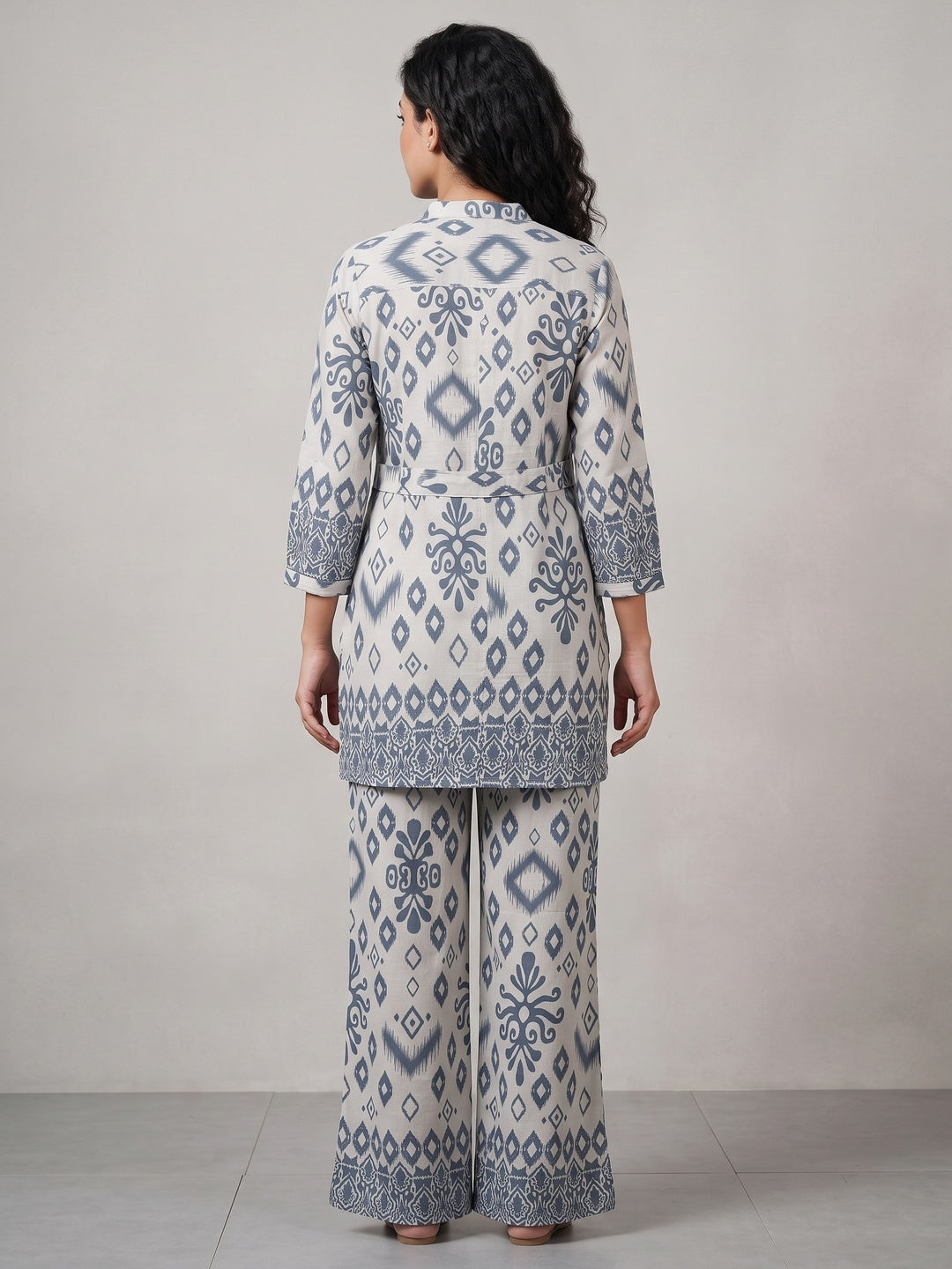 Grey Viscose Co-Ord Set Featuring Traditional Ikkat Style Prints with Matching Pant - Image 4