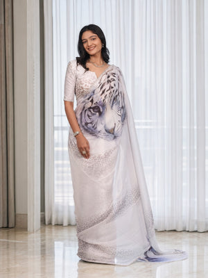 Peachmode White Tiger Printed Georgette Saree - Image 1
