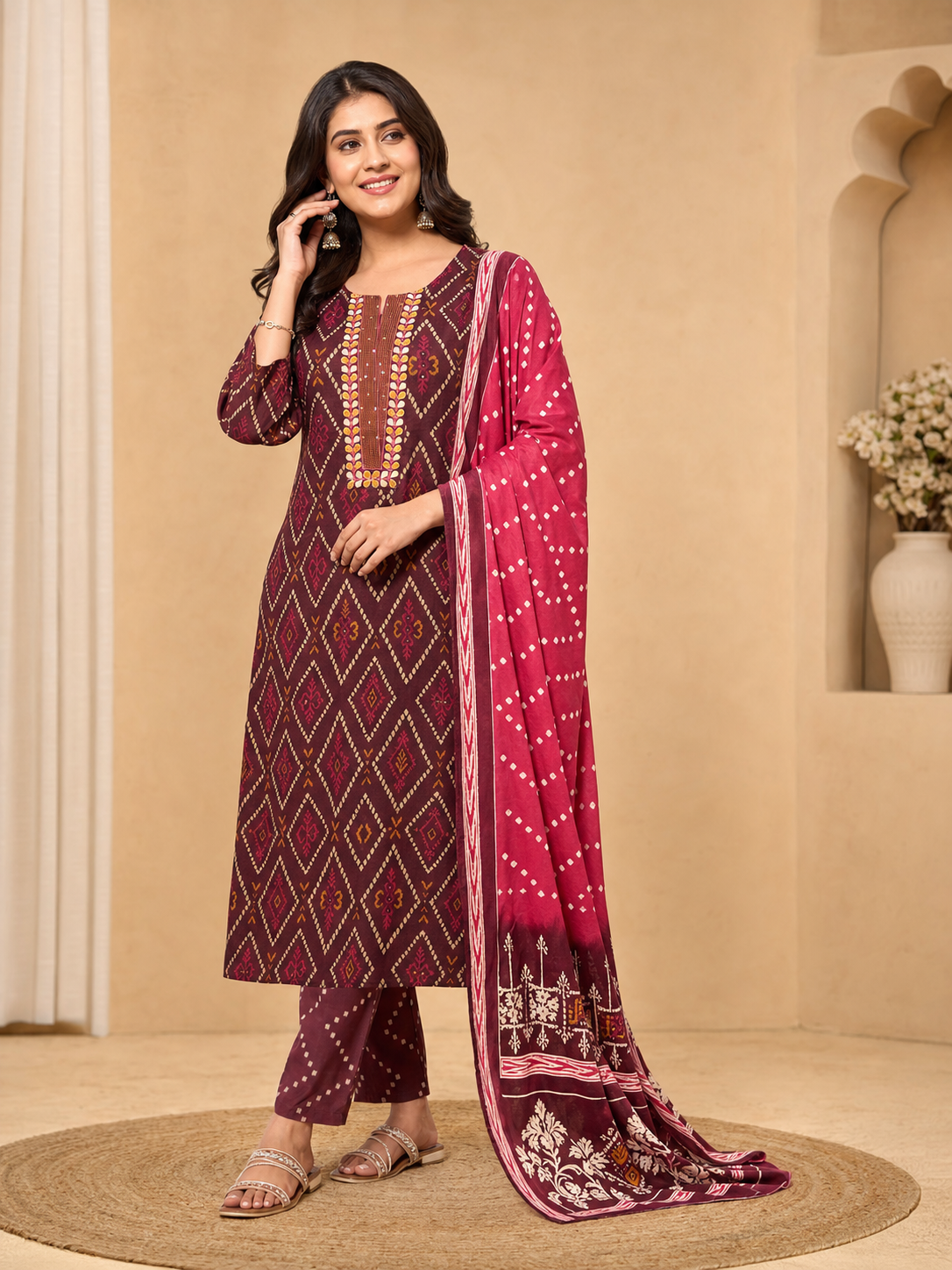 Peachmode Maroon Pure Cotton Geometric Printed Salwar Suit - Image 1