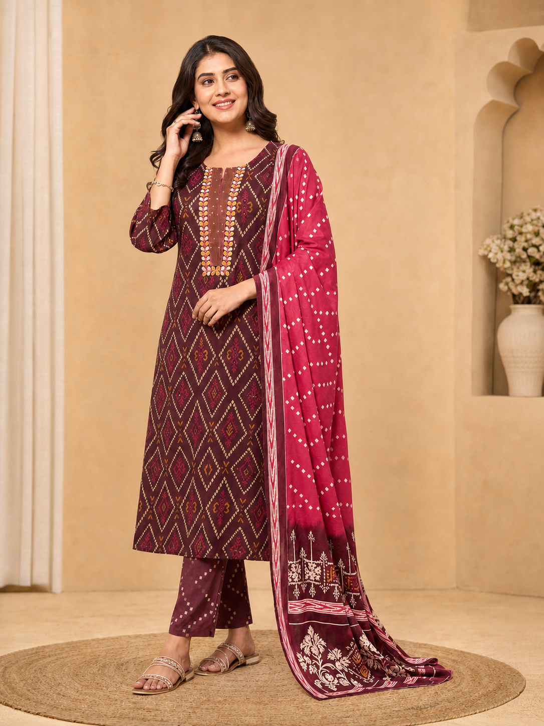 Peachmode Maroon Pure Cotton Geometric Printed Salwar Suit - Image 4