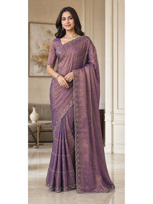 Peachmode Mauve Fendi Chiffon Embellished Saree - Image 1