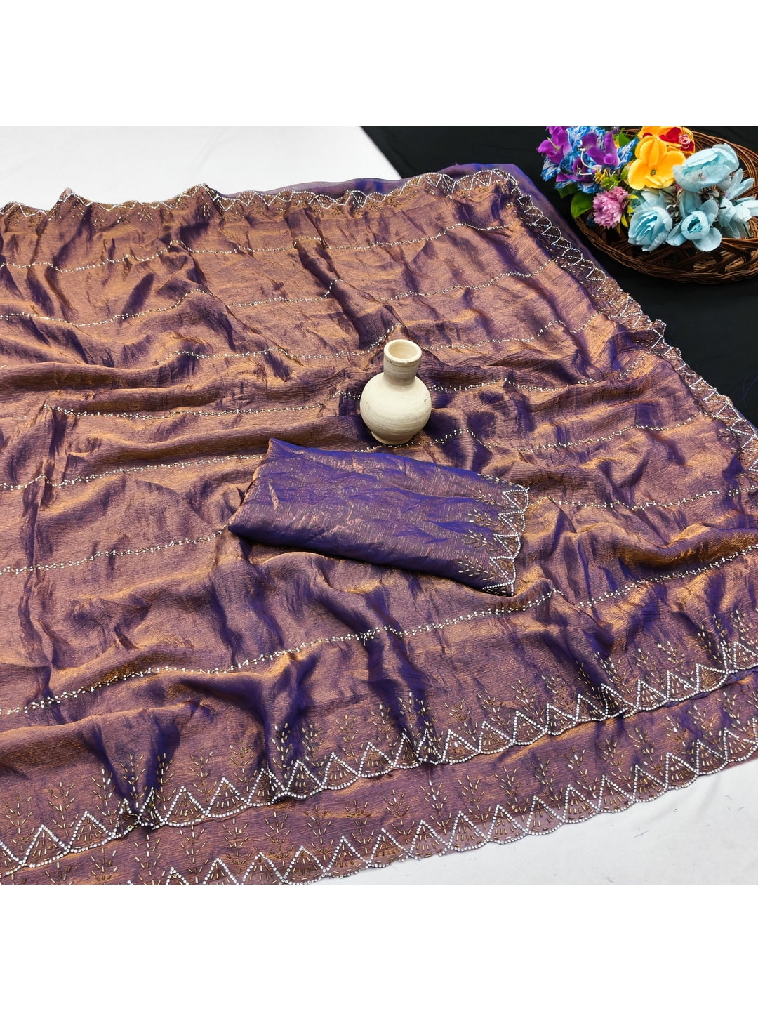 Peachmode Mauve Fendi Chiffon Embellished Saree - Image 2